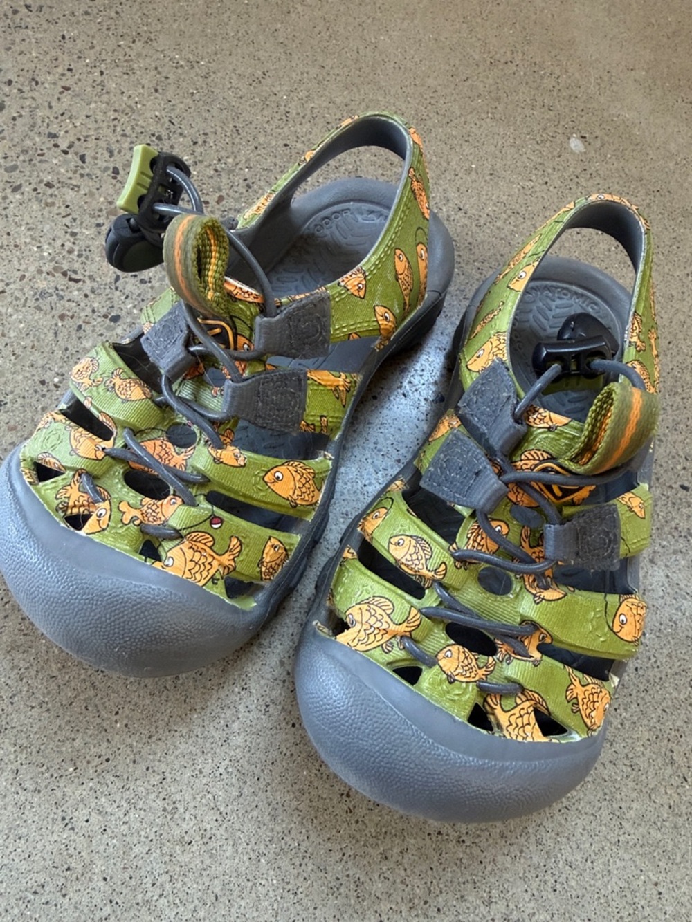 Keen Kids Olive Green Fish Print Water Shoes with Gray Toe